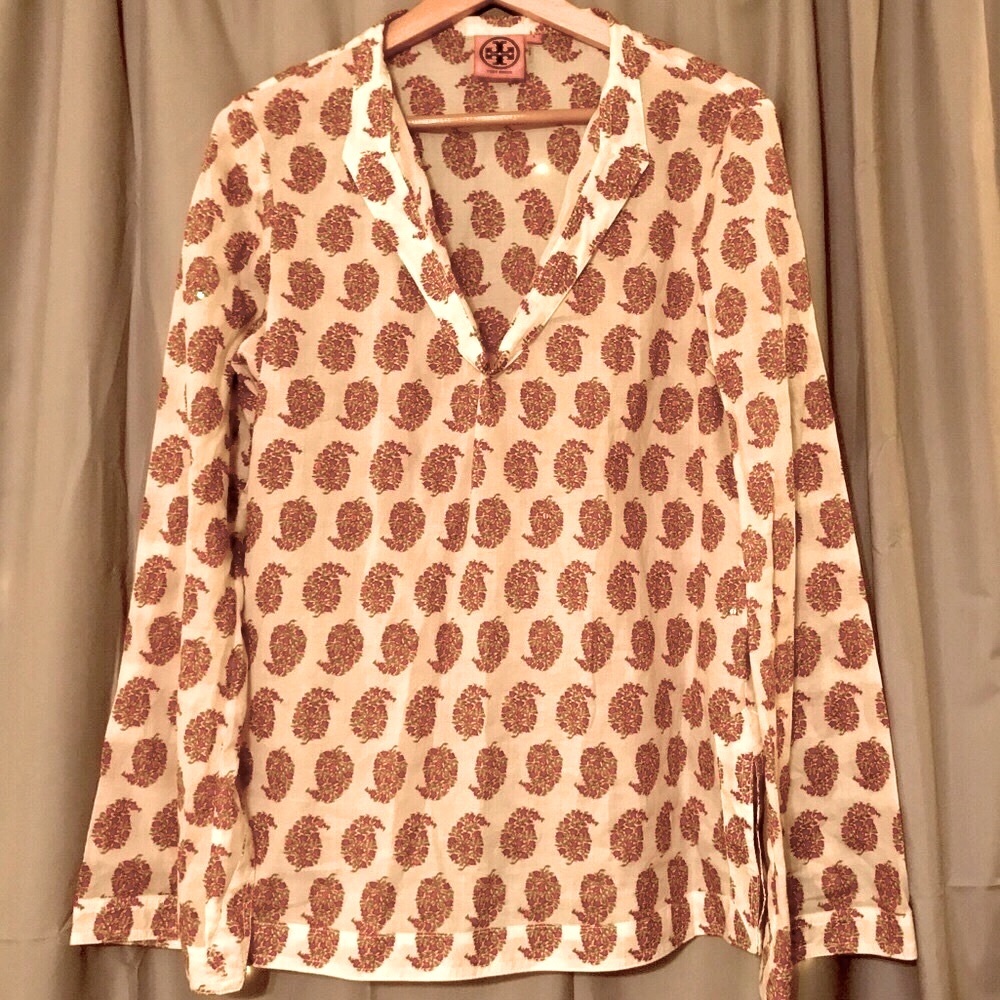 Tory Burch Pink and Tan Blouse with Cuffed Sleeves Collared